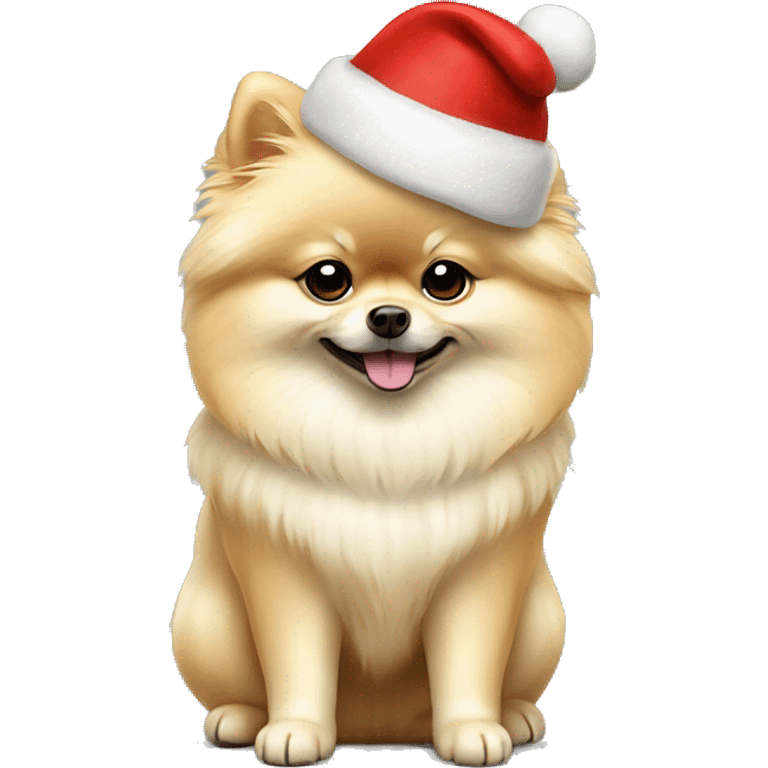 Light Cream Pomeranian with Christmas hat full body emoji