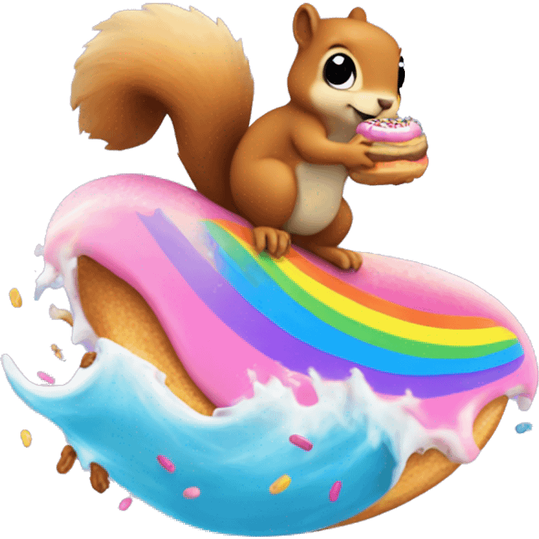 A squirrel surfing on a large blue wave with a donut with pink frosting and rainbow sprinkles in her hand emoji