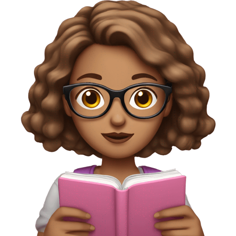 White girl with glasses and brown hair reading on a pink smart phone emoji