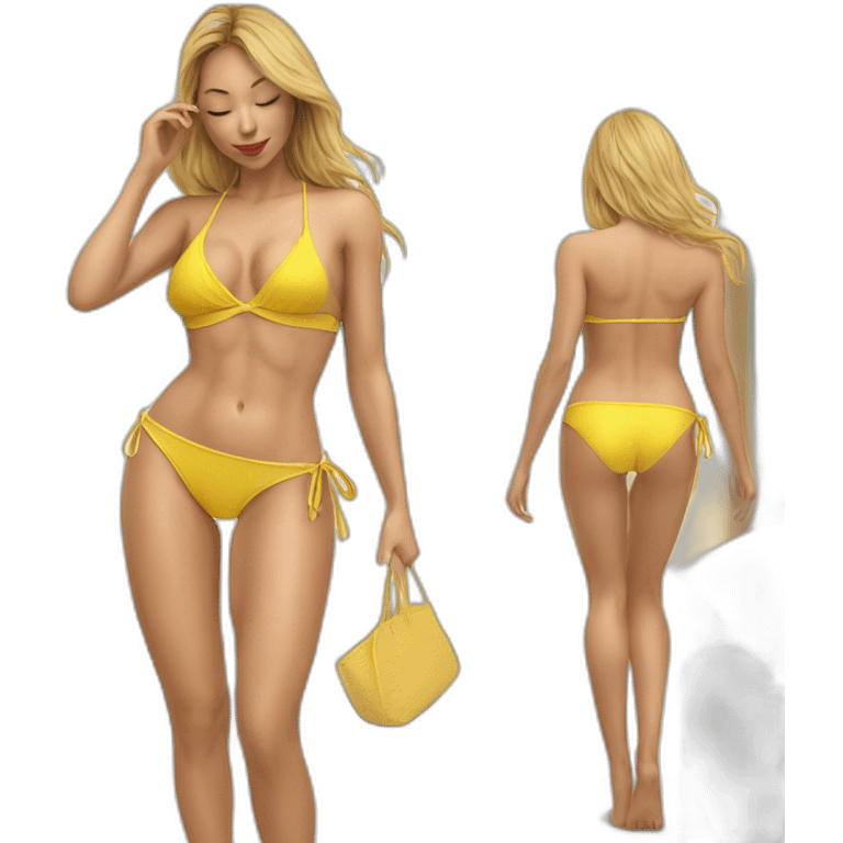 Sexy pose soft-fit Caucasian woman yellow bikini (beach body) bed realistic emoji