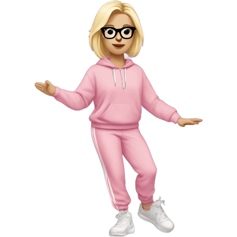 dancing-fair-haired-white-girl-pink-oversize-tracksuit-black-glasses emoji