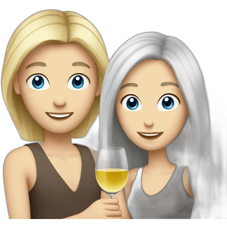 A white woman, she has brown eyes and blond medium long hair. A white man, he has blue eyes and grey hair. They toast to each other with a glass of white wine. emoji