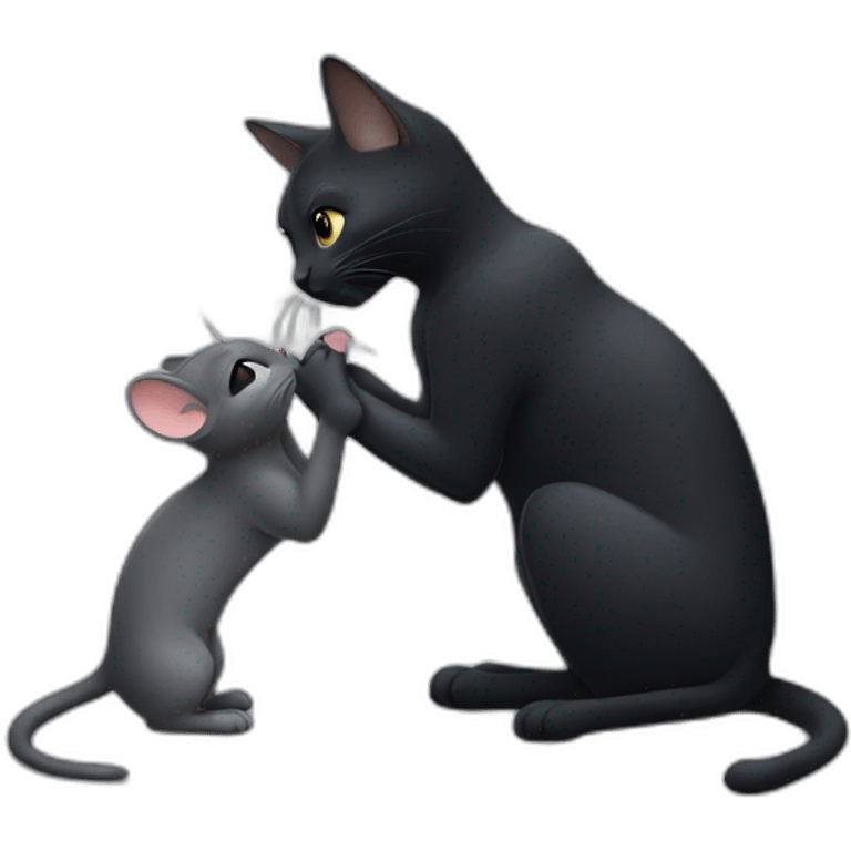 a black cat kisses a gray mouse emoji