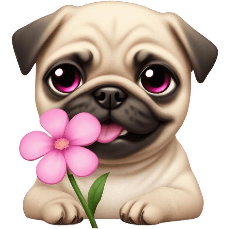 Baby pug playing with a flower pink eyes  emoji