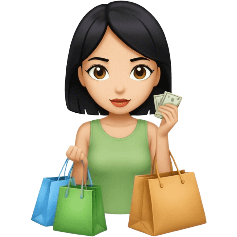 A girl whit black hair spending money whit bags of clothes  emoji