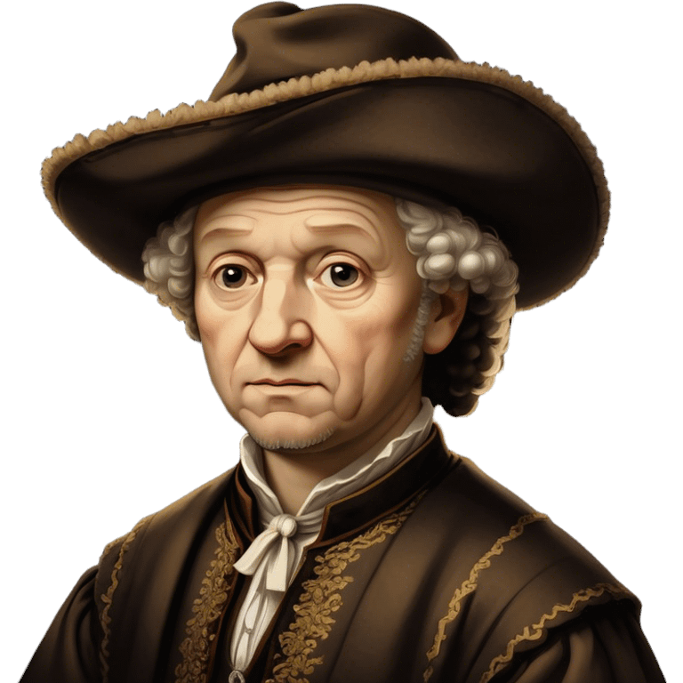 Cinematic Realistic portrait of Rembrandt, shown as a master artist with deep, introspective eyes and richly detailed period clothing, rendered with dramatic chiaroscuro lighting that emphasizes his legacy emoji