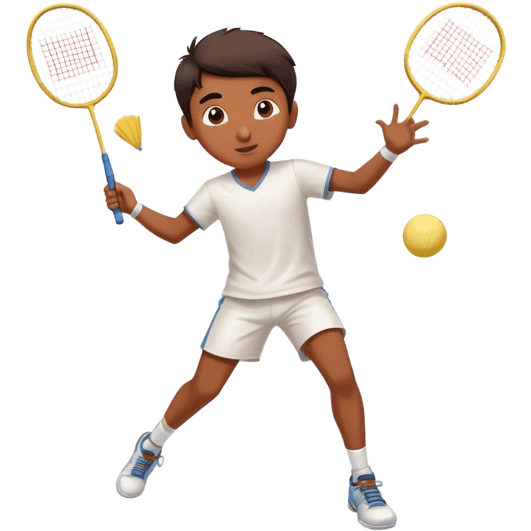 an indian kid, male, between 8-12 playing badminton and making a great shot emoji