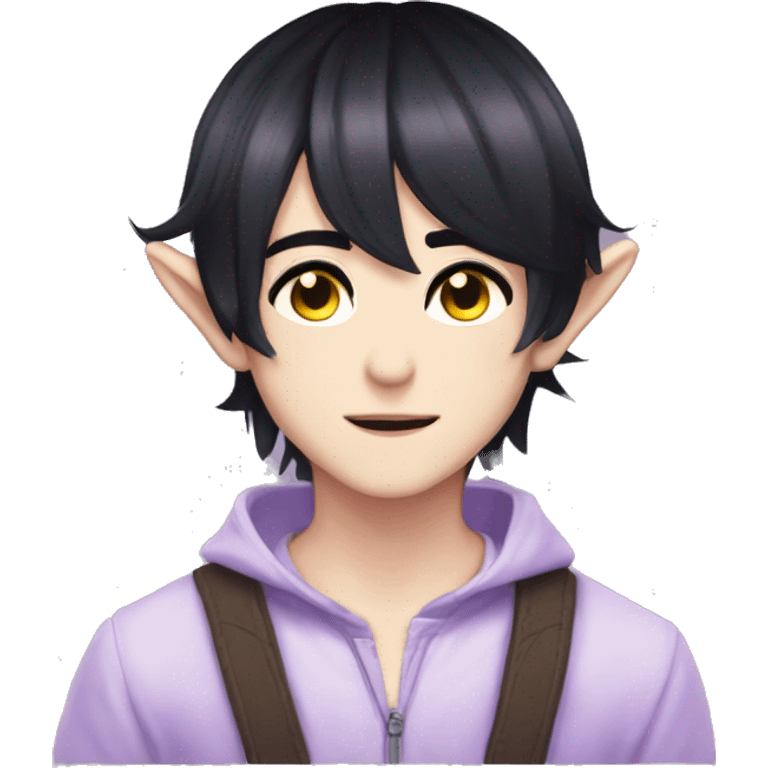 Anime boy short black hair, hai between eyes, lilac eye color, elf ears, sharp slanted eyes emoji