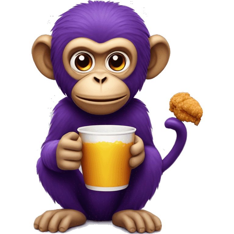 monkey with a crispy piece fried chicken in one hand and holding a cup with purple liquid in it  emoji