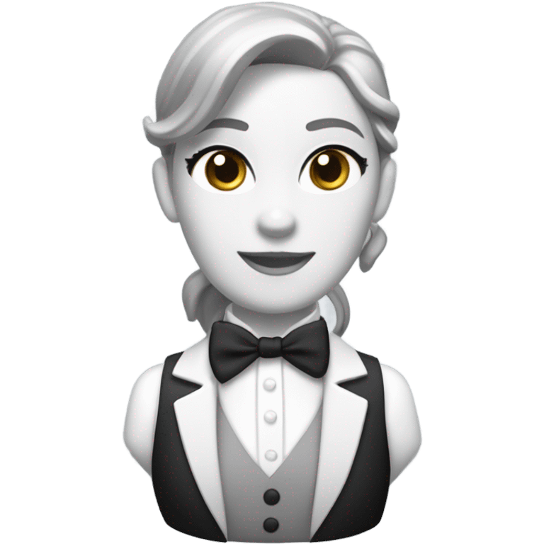 a female butler with a professional and elegant demeanor. She has her hair neatly tied in a ponytail and wears a classic butler uniform, including a tailored vest, crisp white shirt, and bow tie. emoji