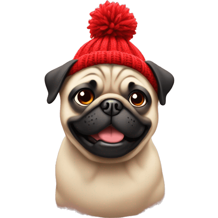 Cheerful pug in a red Knitted hat emoji