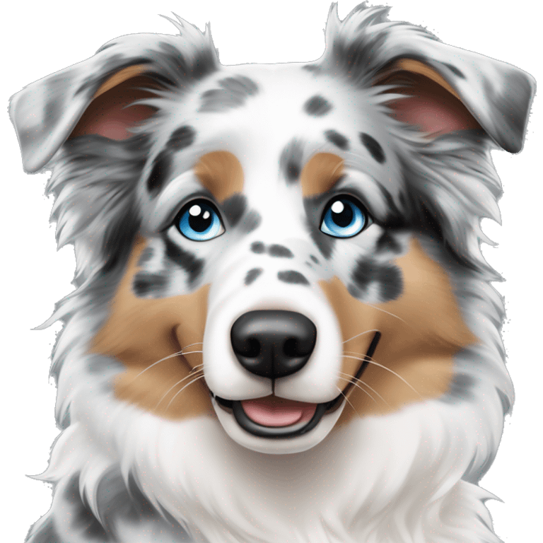 Blue merle and white Australian shepherd with bright blue eyes and no brown anywhere on the fur and spots on the nose emoji