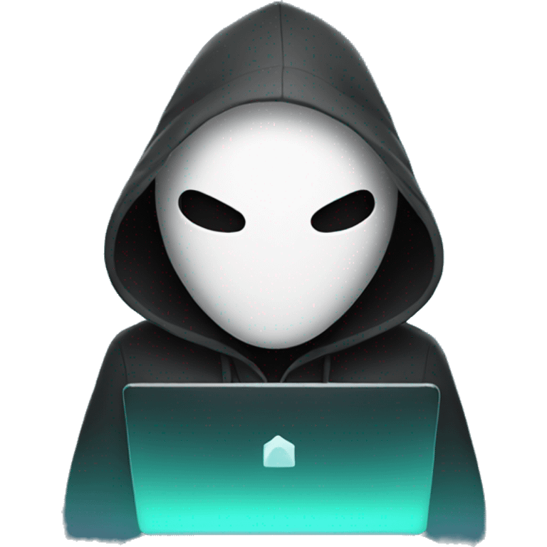 hooded masked man with a laptop and bright glowing white eyes emoji