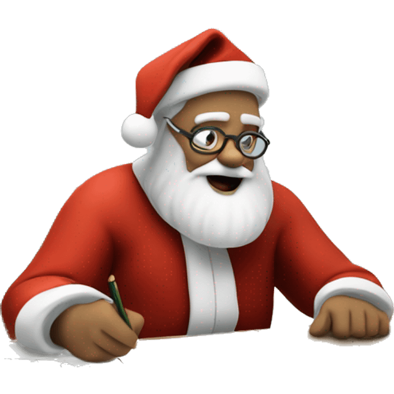 Father Christmas is sitting on a desk, writing something down on a sheet of paper, solving complicated math puzzles  emoji