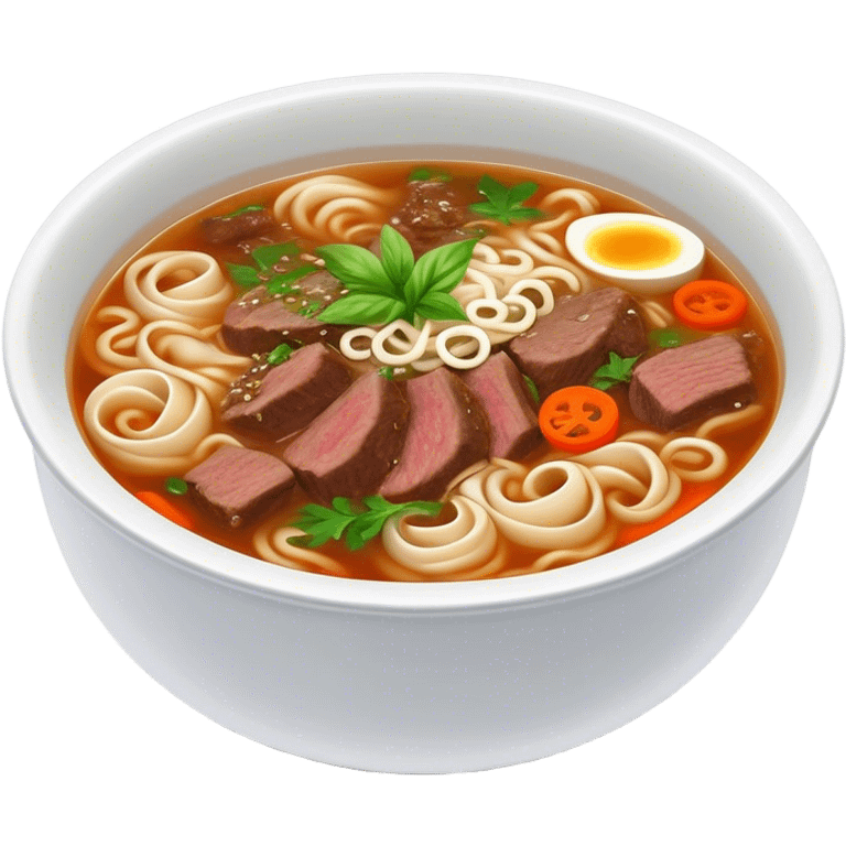 Cinematic Realistic Pho Dish Emoji, depicted as a steaming bowl of aromatic beef noodle soup with herbs rendered with lifelike textures and vibrant, warm lighting. emoji