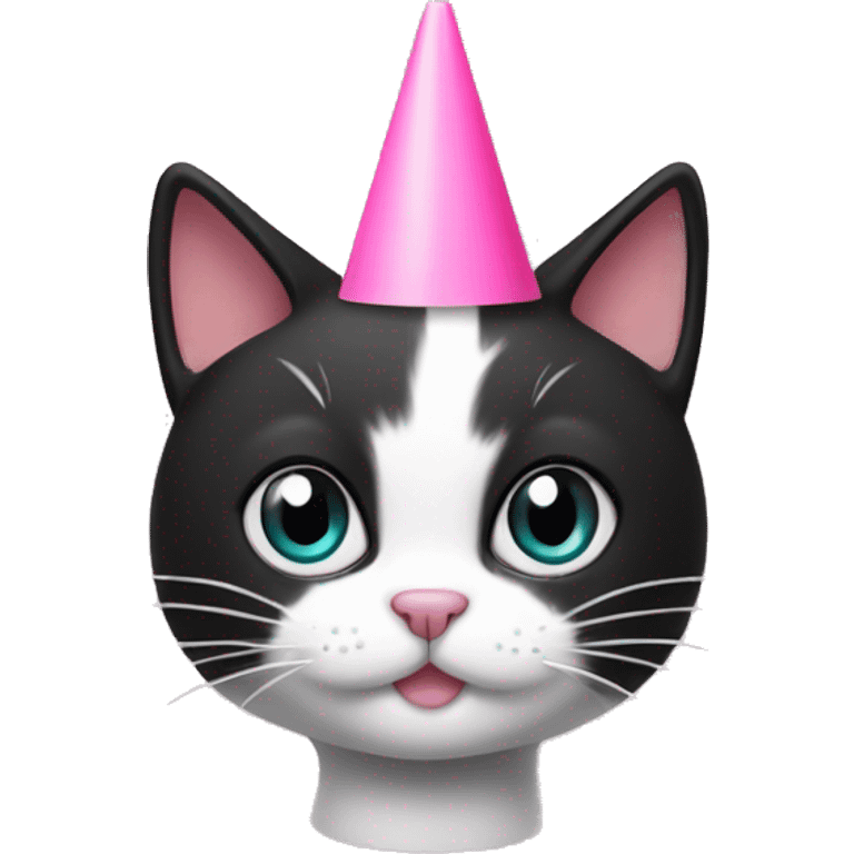 Black and white cat with a pink cone on top of her head emoji