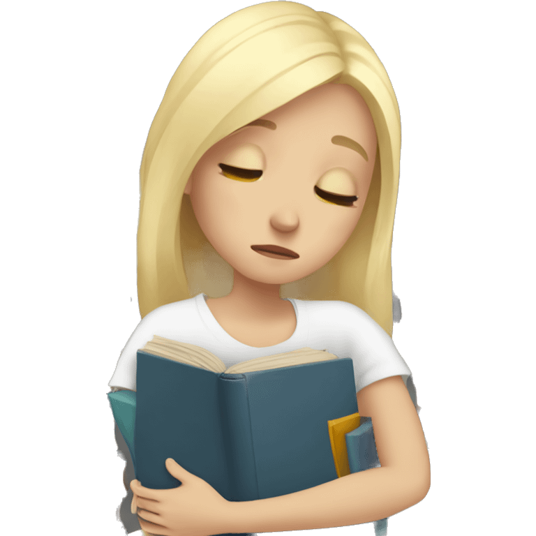 White blonde girl hugging pile of books while crying emoji