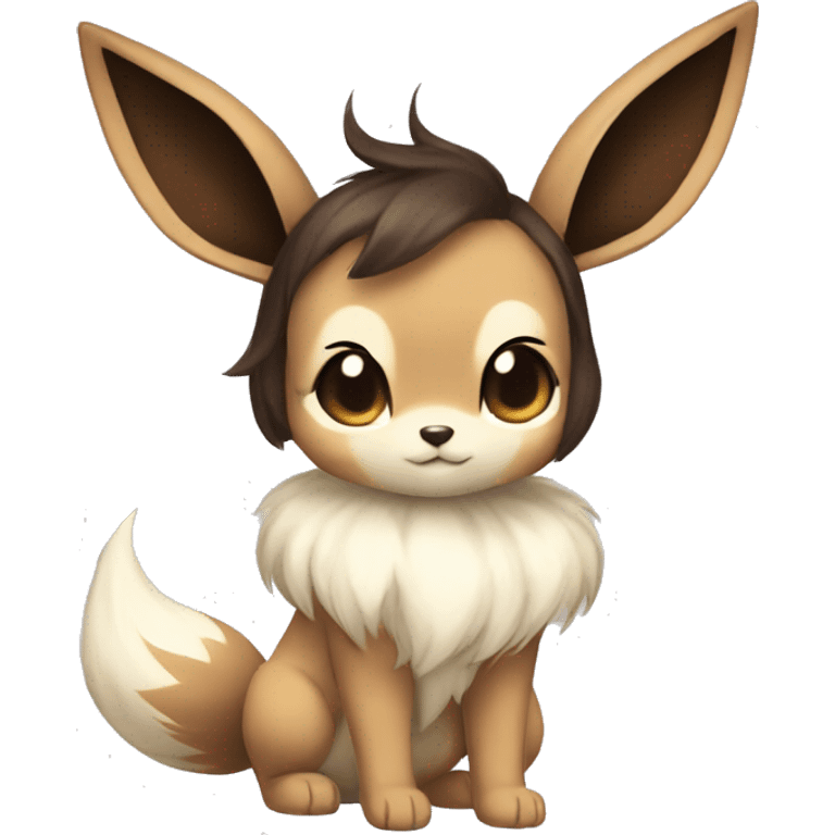 Kawaii Pale Shiny Eevee with dark brown long emo hair covering her eyes Full Body emoji