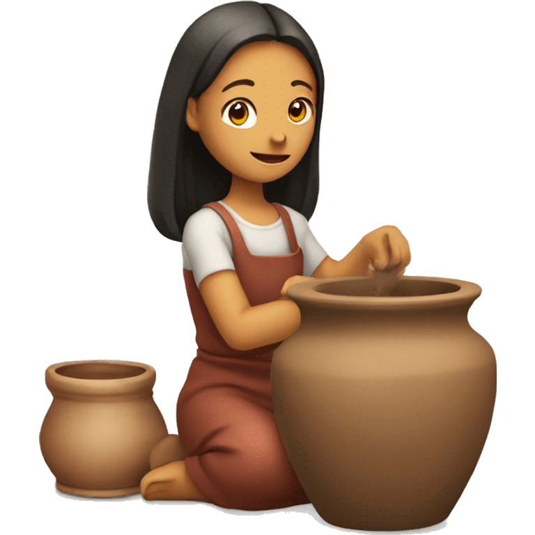 A girl sitting on the ground with a nice background and making pot on a pottery wheel emoji