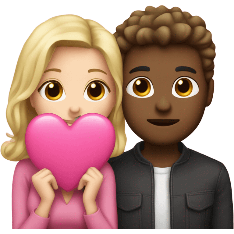 Cute couple, blonde hair woman and man  dark haired kissing holding a pink heart emoji