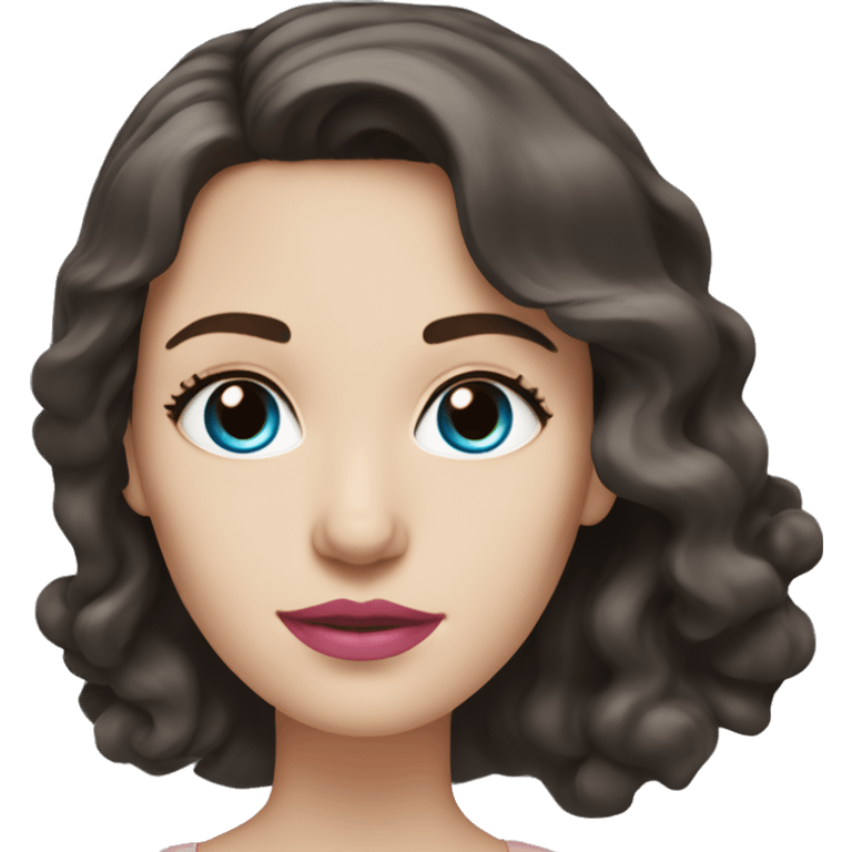 A white woman with wavy dark brown shoulder-length hair, pink lips, and blue eyes, on a white background emoji