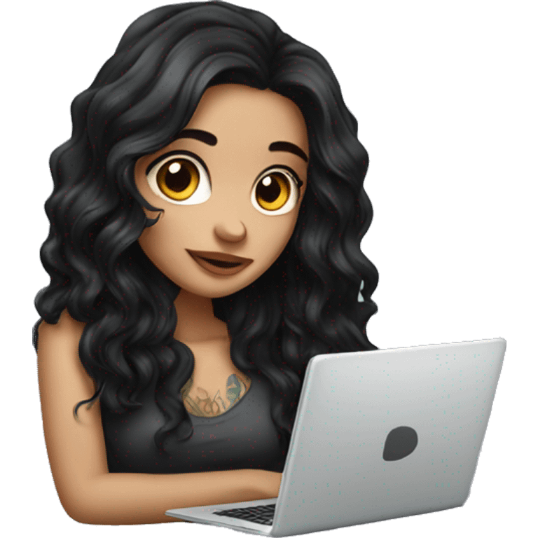 beautiful girl with tattoos, with long black hair, wavy hair, with laptop emoji