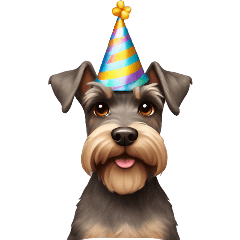 Brown schnauzer with a birthday hat emoji