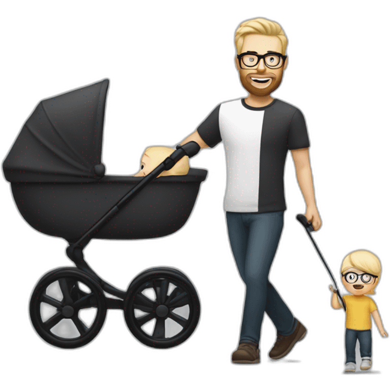 White man with Black hair,  beard and glasses pushing buggy with blonde baby emoji