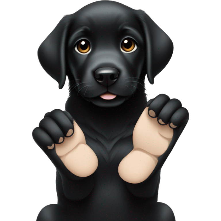 sitting black labrador puppy makes high five with one paw emoji