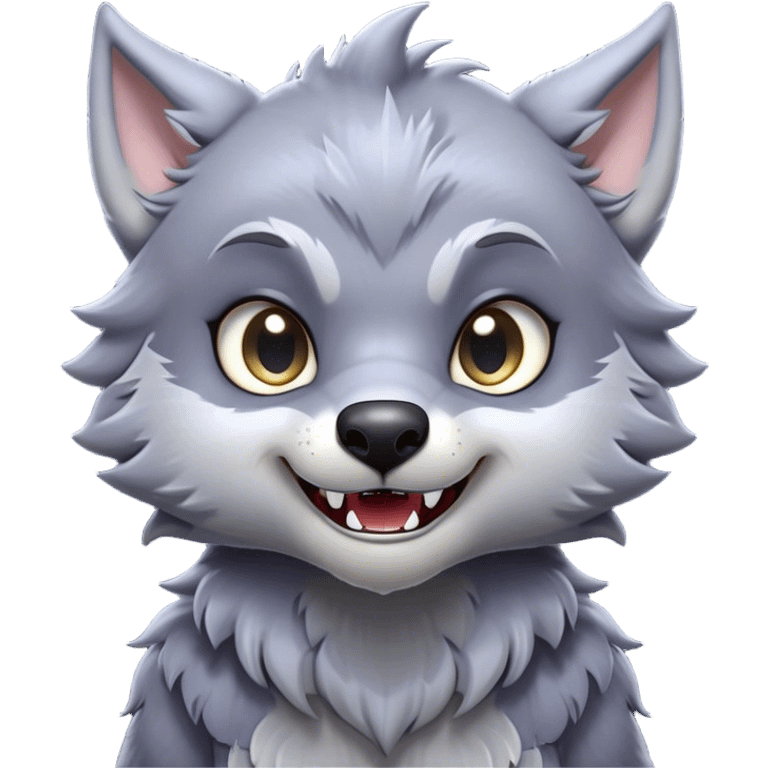 Cinematic Cute Werewolf Portrait Emoji, with a cuddly, miniature lupine form in soft moonlit grays and silvers, featuring oversized sparkling eyes and a sweet, endearing snarl, simplified yet irresistibly adorable, highly detailed with a gentle glowing outline that captures the playful, heartwarming essence of a little werewolf! emoji