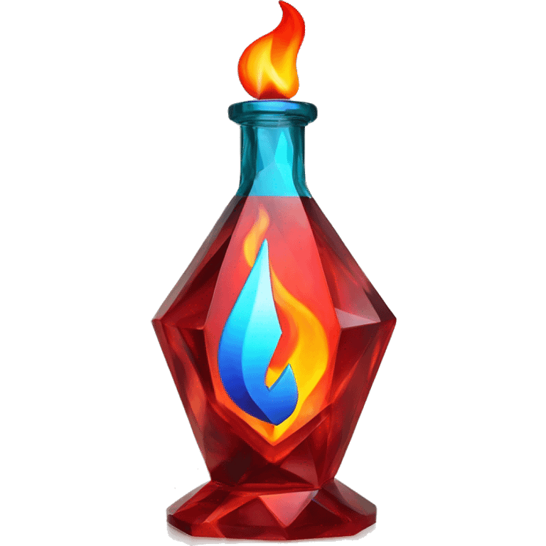 flame in a bottle sculpture symbolizing Sagittarius with a geometric, faceted design. The symbol is standing upright with angular and disney features. The vibrant red flame colors highlights the sharp edges and planes. emoji