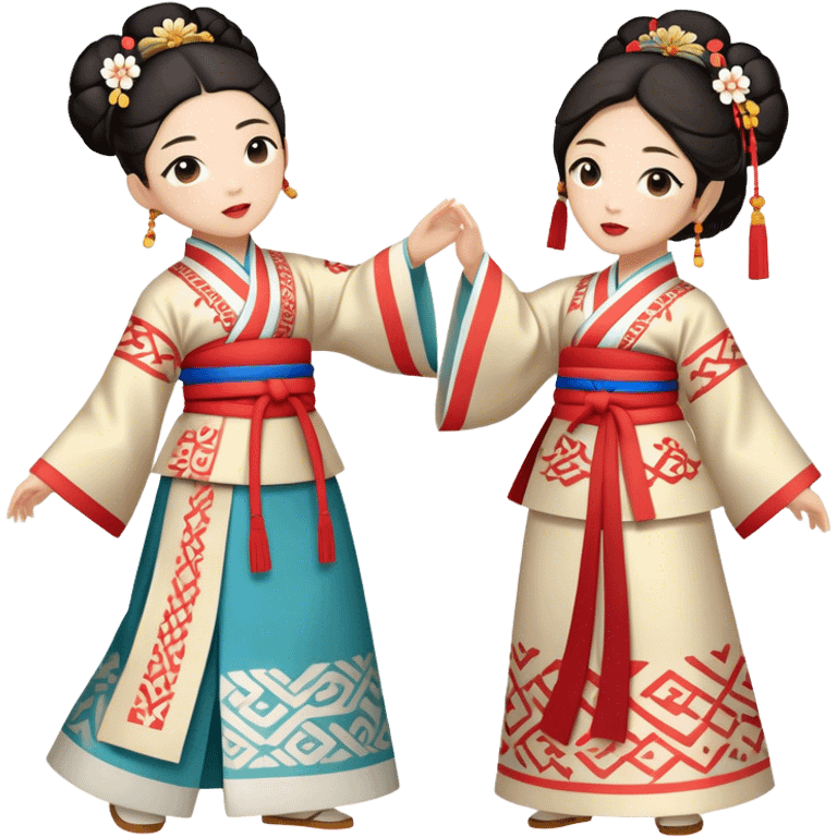 Cinematic Realistic scene of two performers engaging in Ganggangsullae, dressed in traditional Korean costumes with intricate patterns and graceful movements, illuminated by soft, festive lighting that accentuates the cultural ambiance emoji