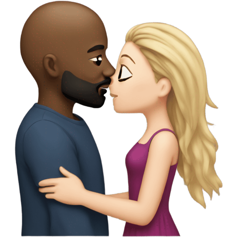 White girl brunette kissing black bald man with beard emoji