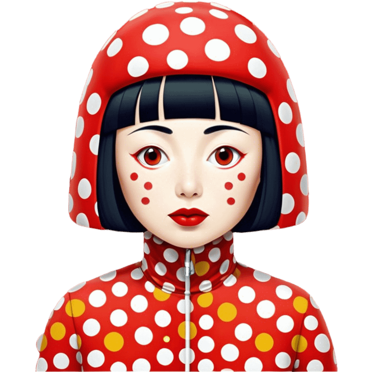 Yayoi Kusama – Cinematic Realistic Portrait of Yayoi Kusama, depicted as an avant-garde artist with an eccentric, captivating expression surrounded by her iconic polka dot patterns, rendered with vivid textures and imaginative lighting that evokes her unique, surreal creative world. emoji