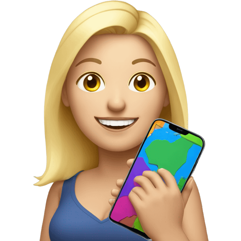 overweight blondie woman happy with a smartphone in hands showing colorfull charts emoji