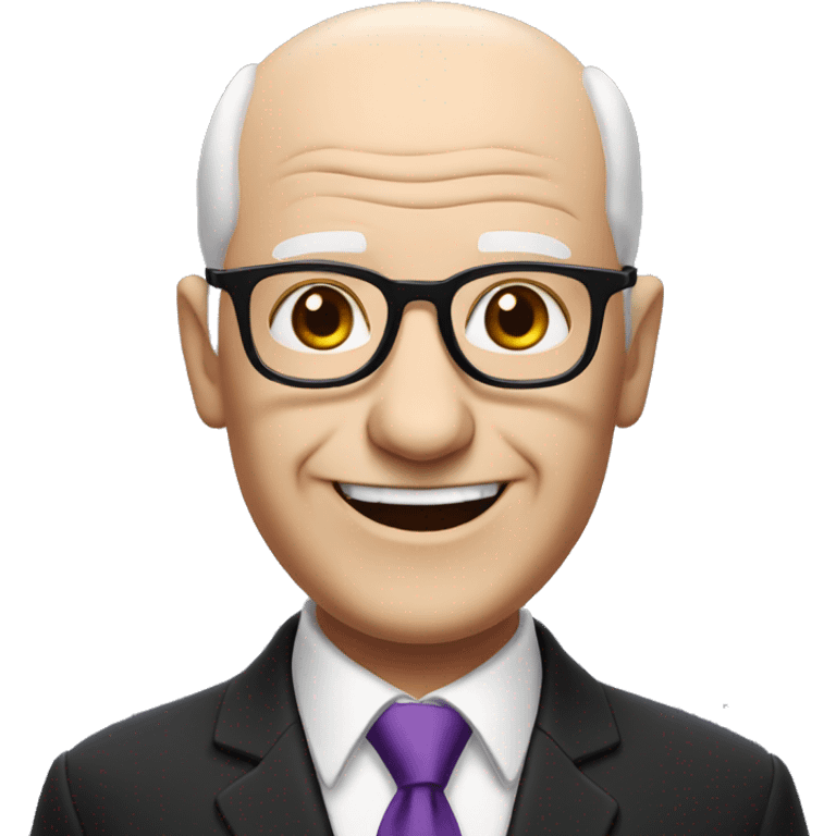 white, bald old man wearing a black suit with a purple tie and glasses, with no mustache, smiling with teeth emoji