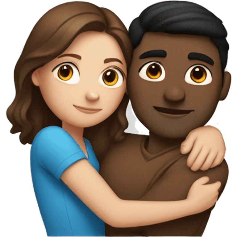 Couple embracing with arms around each other; white woman with blue eyes and brown hair, Indian man with black hair  emoji