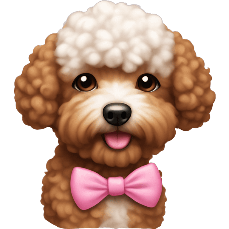 brown bichpoo with a little white fur around nose and pink bow emoji