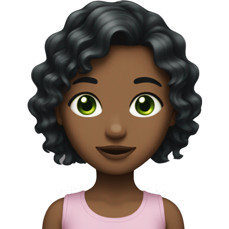 Girl with blackwavy hair, green eyes, emoji