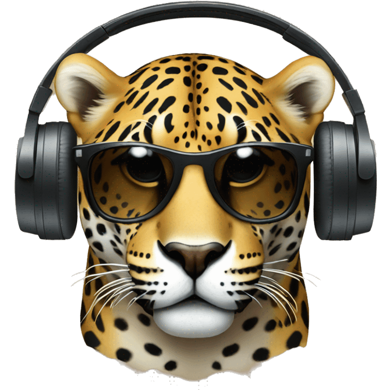 jaguar dj, round emoji face, looking forward, wearing cool sunglasses, wearing over-ear headphones on top of head emoji