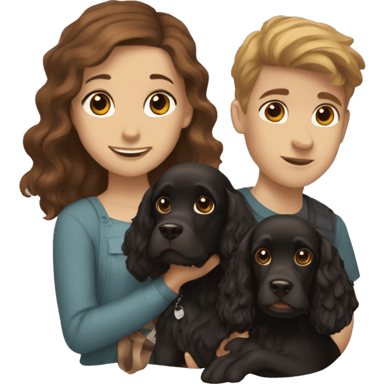 brown-haired girl and brown-haired boy with a black cocker spaniel emoji