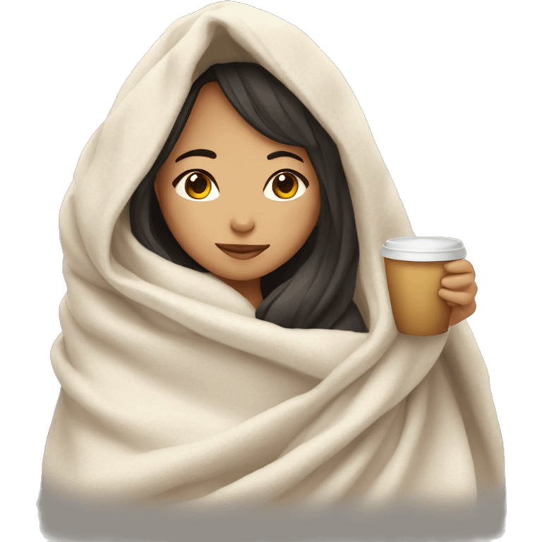 Asian girl wrapped in cozy blanket drinking coffee emoji