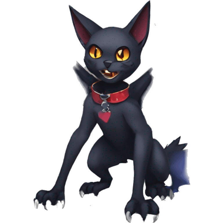  cool edgy anthro dark-themed animal vampiric bat-cat-hybrid Fakemon  with a collar full body emoji