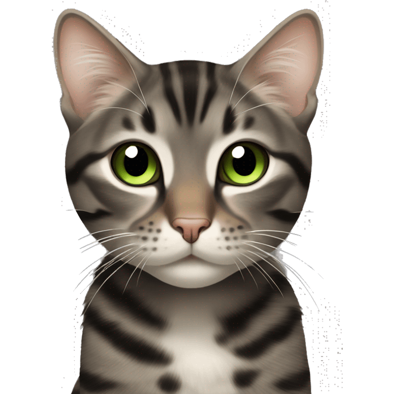 Dark brown and black and dark grey tabby dark brown black spotted with white paws cat with brown-green eyes  emoji