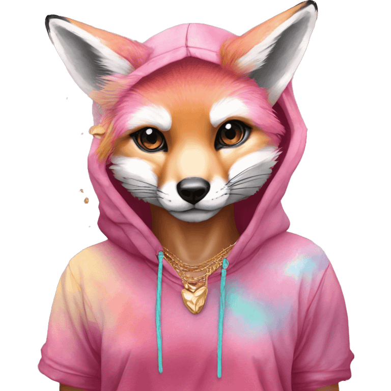 Pink magenta burgundy maroon cyan beige gray fox wearing a pink hoodie with gold jewellery gold piercings gold ear piercing gold nose piercing vintage watercolour tie dye black raven wings emoji