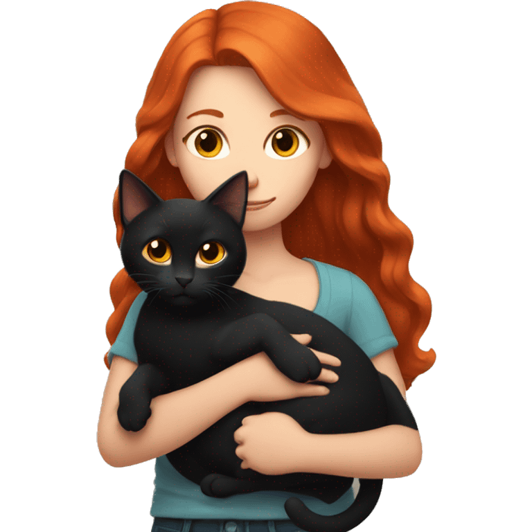 A girl with red hair holds a black cat in her arms emoji