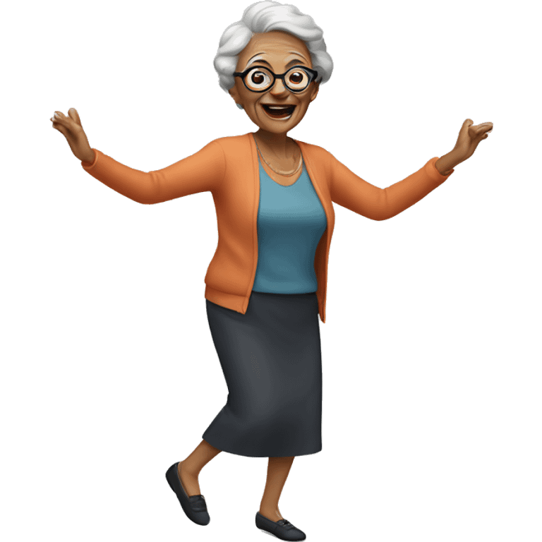 Short elderly woman with glasses dancing emoji