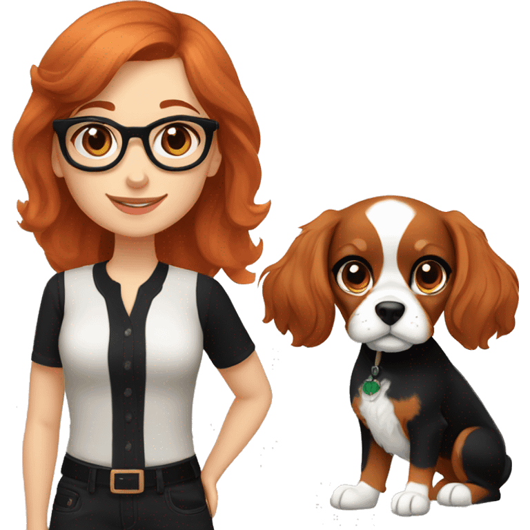 Auburn red-haired girl with bangs and short hair and black glasses and black clothes presenting a Blenheim Cavalier puppy emoji