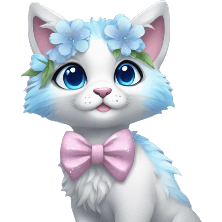 Anthro Cute Cool Kawaii gorgeous sparkly ethereal fantasy animal creature with blue eyes furry sona with flowers and bow tie beautiful aesthetic emoji