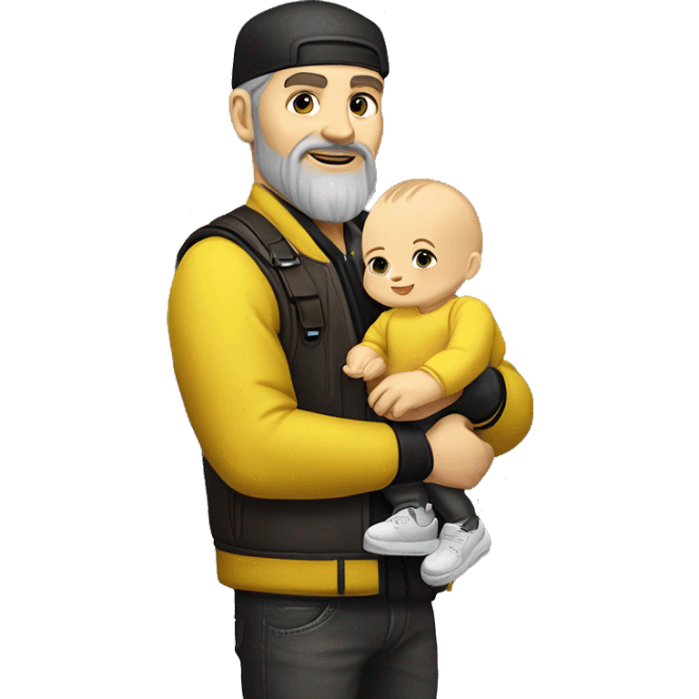 White-skinned slavic man with stubble, gray beard, brown hair, black eyes, black Reebok cap, leather jacket, holding infant slavic baby girl in yellow dress with yellow bow. emoji